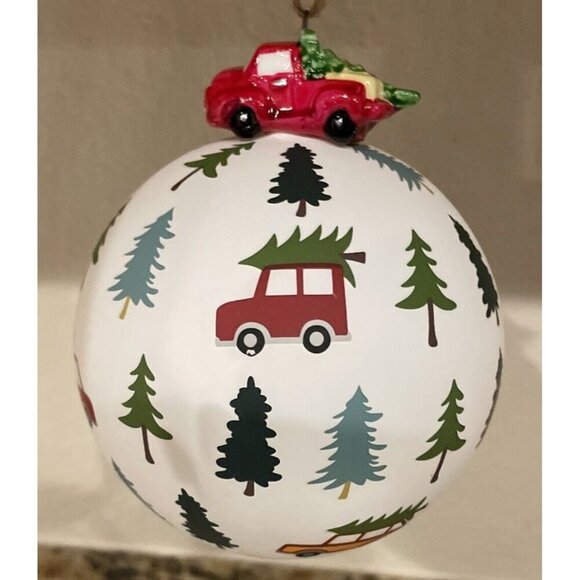 Red Pickup Truck Forest Trees HandBlown Ball Glass Christmas Ornament NEW - Picture 1 of 3